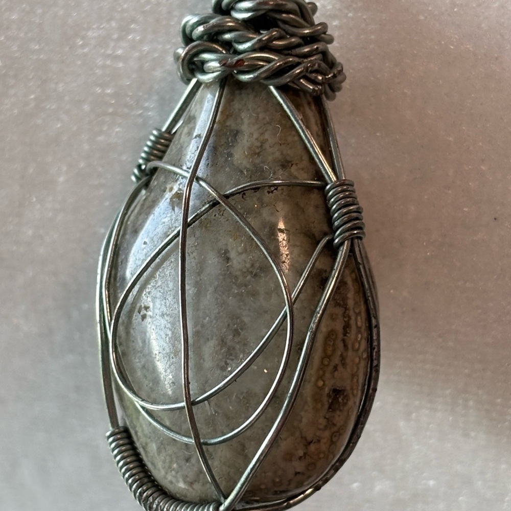Silver Wrapped Ocean Jasper Pendant Necklace Artisan Hand Made